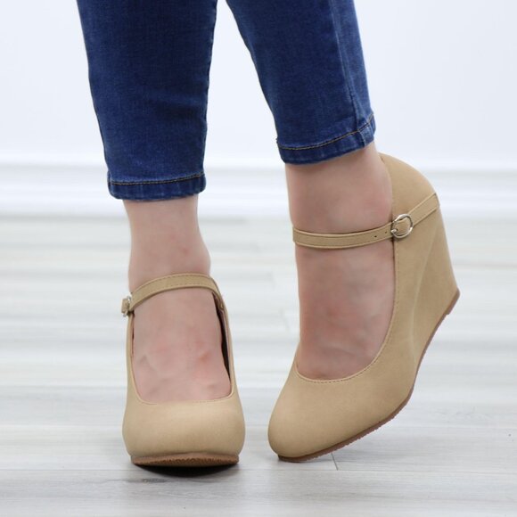 Faux Nubuck Leather Low Wedge Classy Heel - Picture 8 of 13
